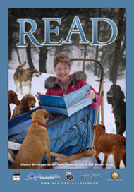 Actual 2008 NEA Alaska Poster: Governor Sarah Palin goes to the dogs — to encourage young people to read.*